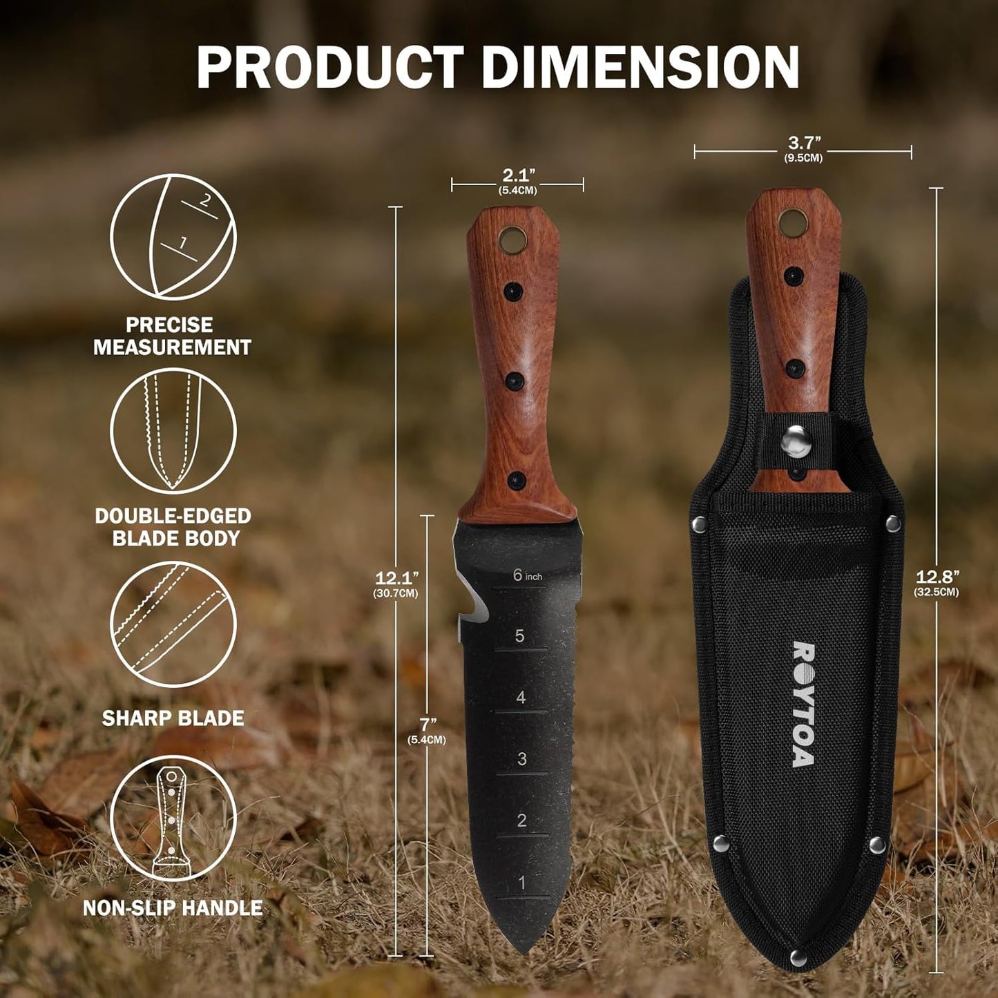 Hori Hori Garden Knife, Garden Tools with Sheath for Weeding,Planting,Digging, 7" Stainless Steel Blade with Cutting Edge, Full-Tang Rosewood Handle with Hanging Hole