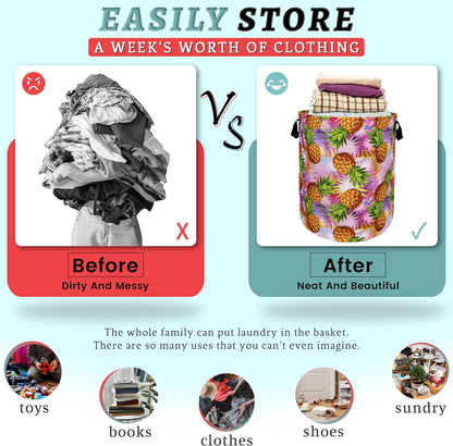 Tropical Pineapples Laundry Basket Foldable With Handles Palm Leaves Tote Bag Oxford Cloth Colorful Laundry Hamper Clothes Toy Storage Bucket For Bathroom/Laundry/Bedroom 18.9" x 16.5 "