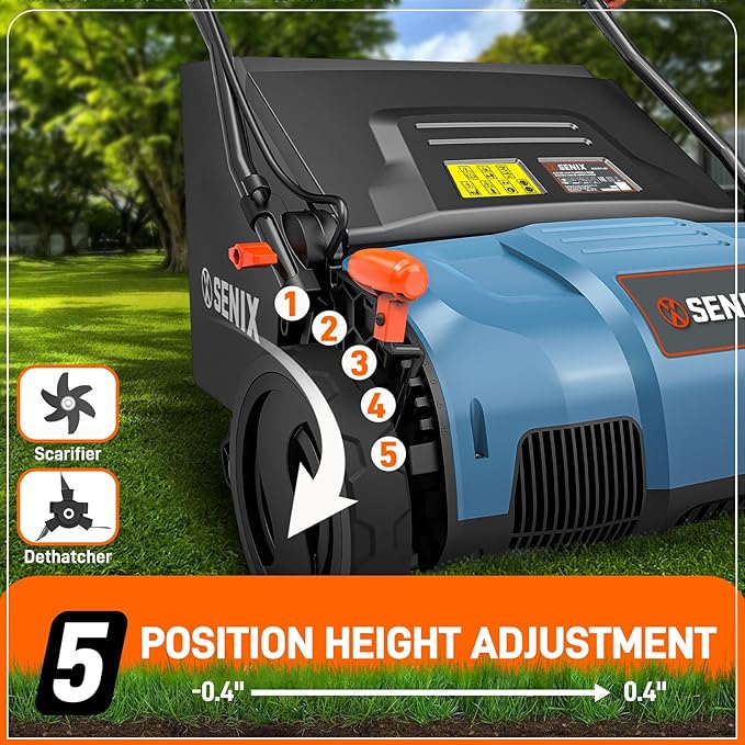 SENIX 13 Amp 15-Inch 2-in-1 Electric Dethatcher and Scarifier with 13.2-Gal Collection