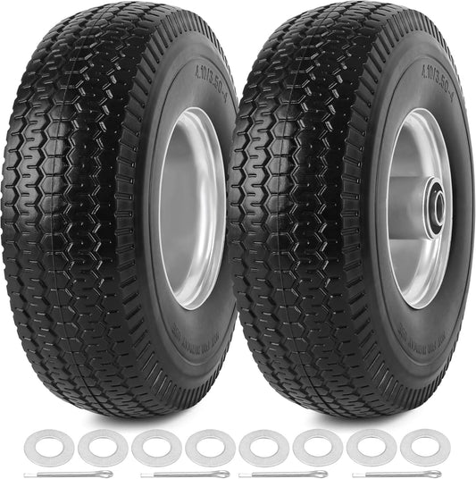 4.10/3.50-4" Flat Free Tires, 10 Inch Solid Tires and Wheels Replacement with 5/8" Axle Bore Hole