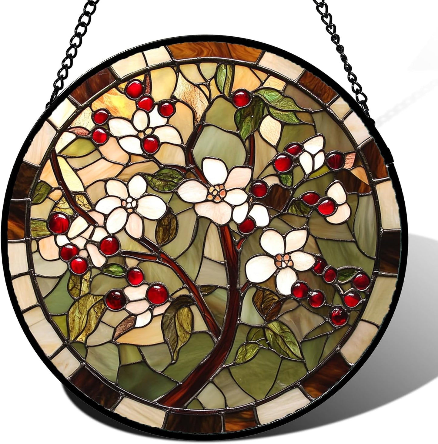 CRIS GIF Stained Glass Window Hanging - Hawthorn Tree Birth Flowers Suncatcher for Doors Garden Patio Sun Catchers Decor Christmas Mother's Day Birthday Gifts for Women Men Mom Nana Friend 7.8 in