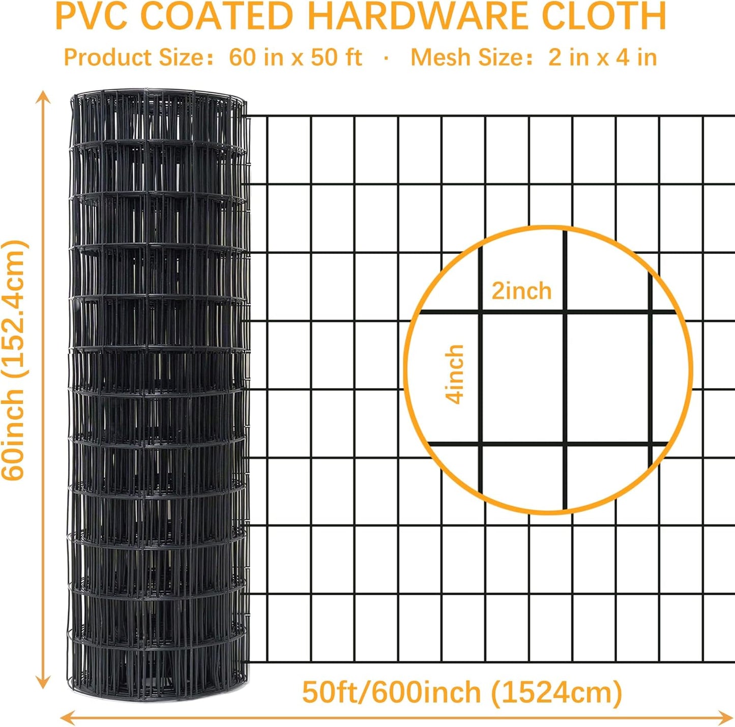 Black Metal Garden Fence, 60inch(H) x 50ft(L), 2 inch x 4 inch,12.5GA 2/3/4/5/6 Ft Tall Chicken Wire PVC Coated Welded Wire Mesh Roll for Dogs Border Yard Vegetable Plant Protection Poultry Netting