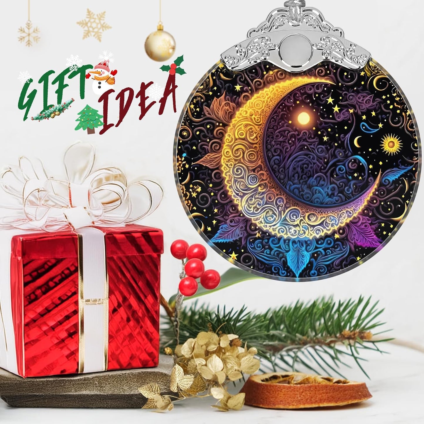 Stained Glass Ornaments - Sun and Moon Christmas Ornaments - Christmas Decorations for Tree - Holiday Present Ideas - Gift Exchange