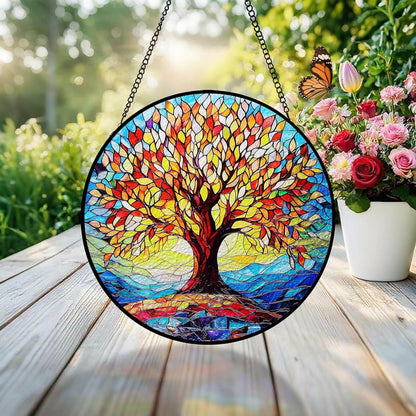 Tree of Life Stained Glass Suncatcher | 8" Round Indoor Window Sun Catchers with Stain Glass Panels | Handmade Wall Art Decor | Birthday Gifts for Women, Grandmothers