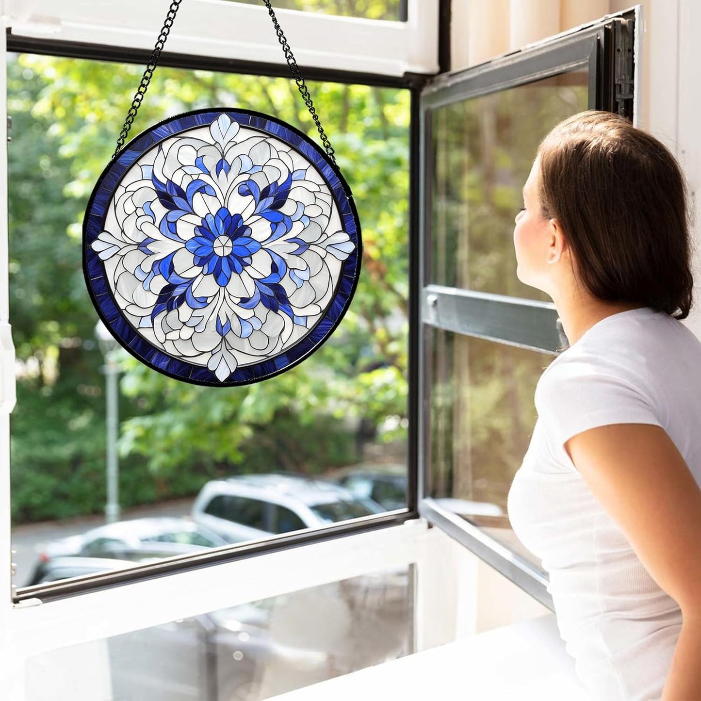 Stained Glass Window Hanging - Blue White Boho Flower Suncatcher for Door Garden Yard Sun Catchers Decor Christmas Mother's Day Birthday Gifts for Women Mom Nana Friend Teacher 11.8 in