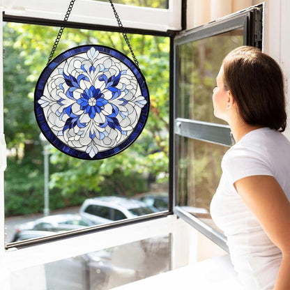 Stained Glass Window Hanging - Blue White Boho Flower Suncatcher for Door Garden Yard Sun Catchers Decor Christmas Mother's Day Birthday Gifts for Women Mom Nana Friend Teacher 6.3 in