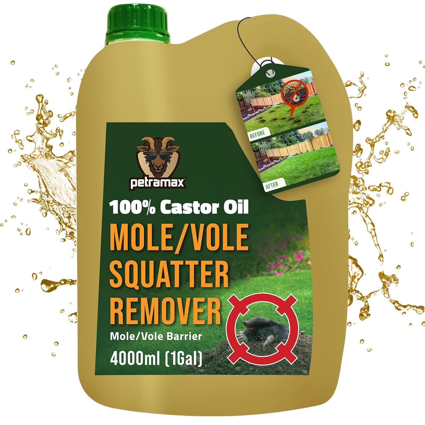 Petra 100% Castor Oil for Moles and Voles - Get Rid of Moles & Voles - Most Effective Way to Get Rid of Moles in Your Yard - Gopher, Ground Mole, Vole Caster Oil - Pet Safe, Food Grade (135 Fl Oz)