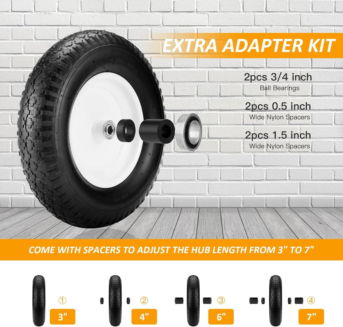 4.80/4.00-8" Air Filled Wheelbarrow Tire,Heavy-Duty Replacement Tire and Inner Tube Set with 3/4 & 5/8 Wheel Bearing and Spacer Kit included,Tubed Tires Non-Slip for Garden Cart Wagon