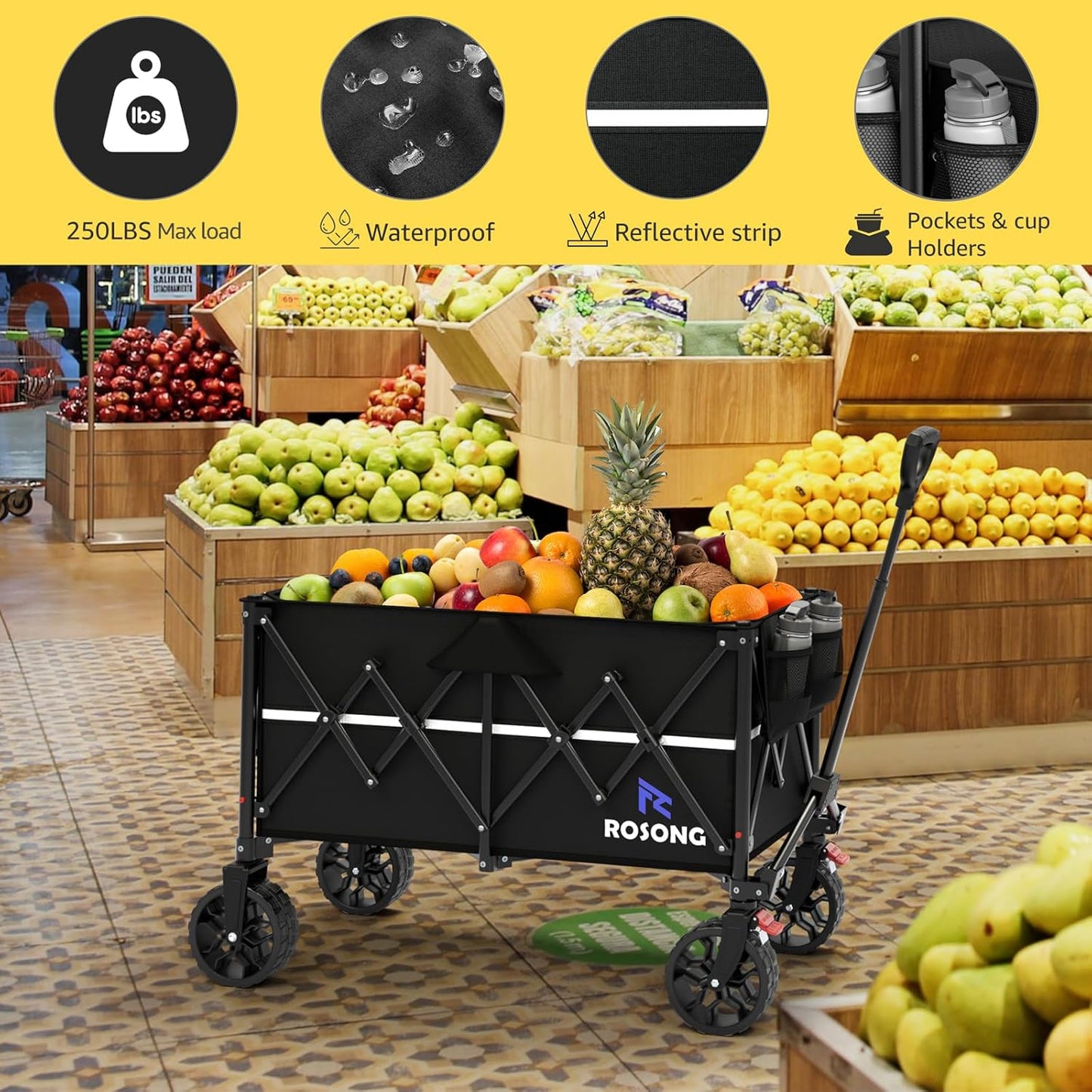 Collapsible Wagon Cart with Wheels Foldable - Folding Utility Heavy Duty Wagons Carts for Grocery Sports Garden Shopping Camping Wheelbarrows (Black, 150L)