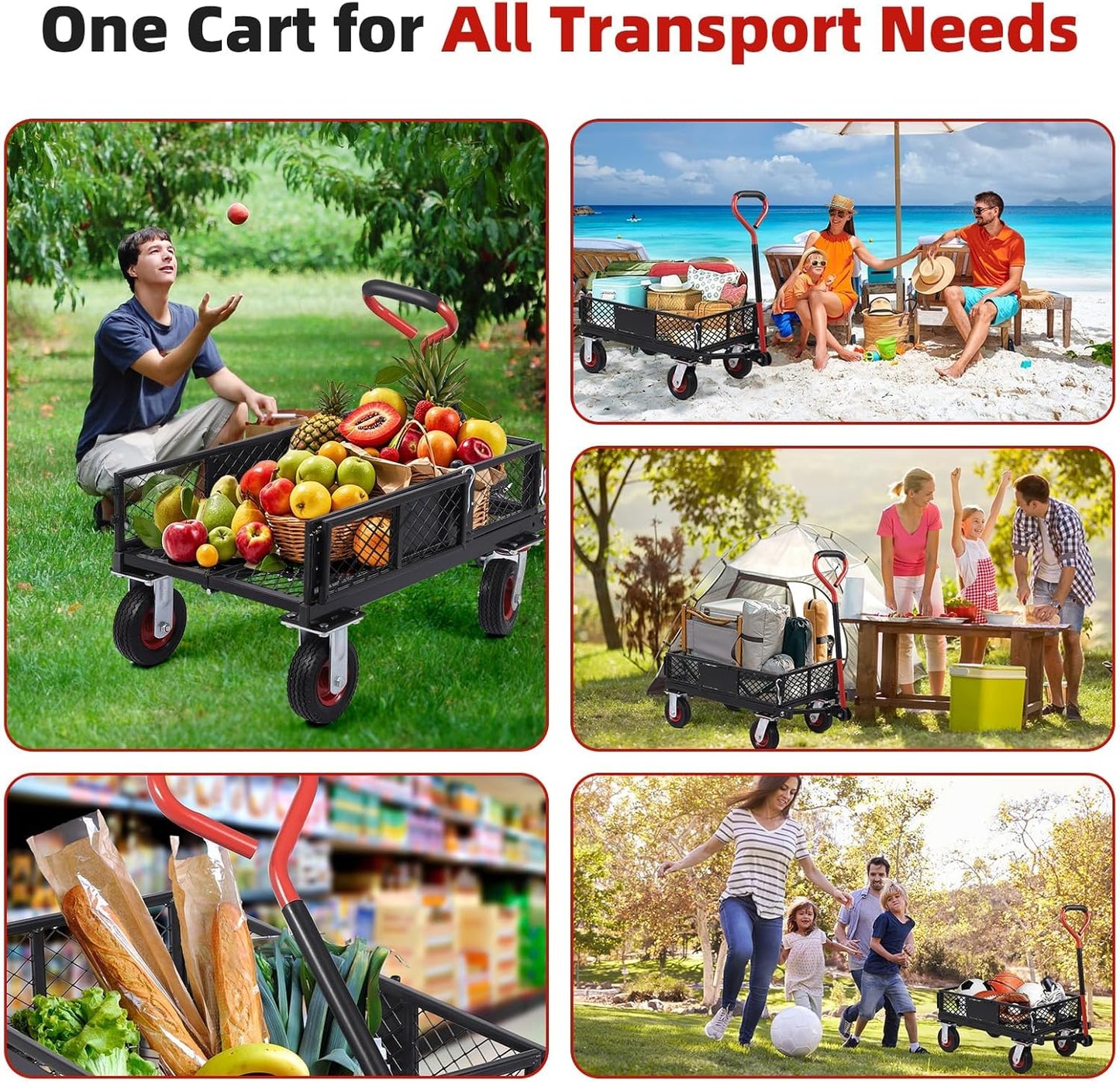 Heavy Duty Steel Garden Dump Cart,Meatl Utility Wagon with Removable Sides & 180° Rotating Handle, Utility Dump Cart with 10-Inch All Terrain Wheels for Yard Lawn and Farm