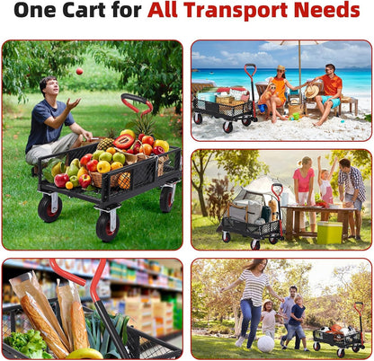 Heavy Duty Steel Garden Dump Cart,Meatl Utility Wagon with Removable Sides & 180° Rotating Handle, Utility Dump Cart with 10-Inch All Terrain Wheels for Yard Lawn and Farm