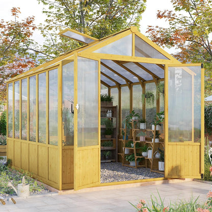 Jocisland 8x9.5x7.5 Ft Wooden Greenhouse, Pre-Assembled Solid Cedar Frame, Walk-in Design, Lockable Door, Adjustable Roof Vents, Polycarbonate Panels for Outdoor, Garden, Backyard