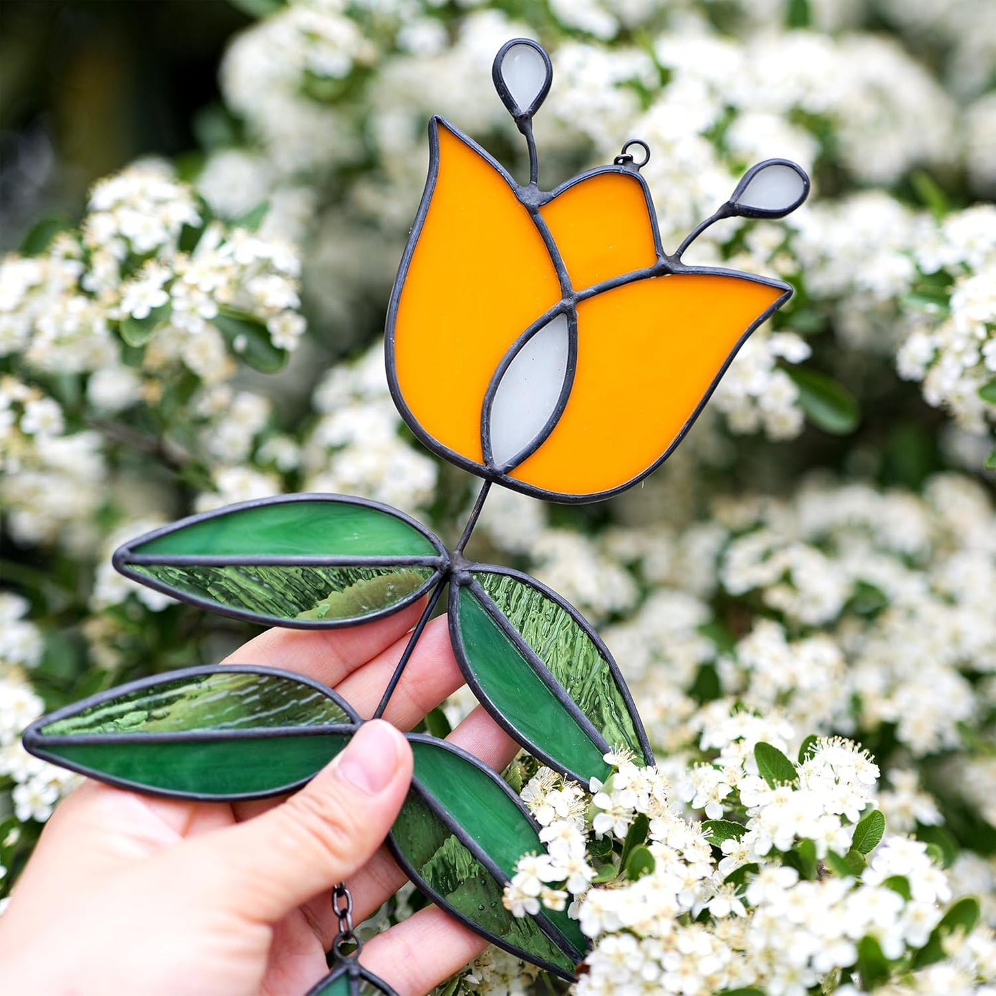 Tulip Stained Glass Suncatcher, Folk Flower Stained Glass Window Hanging Sun Catcher, Retro Home Decor, Handmade Gift for Plant Lovers, 9.4" x 4.7"