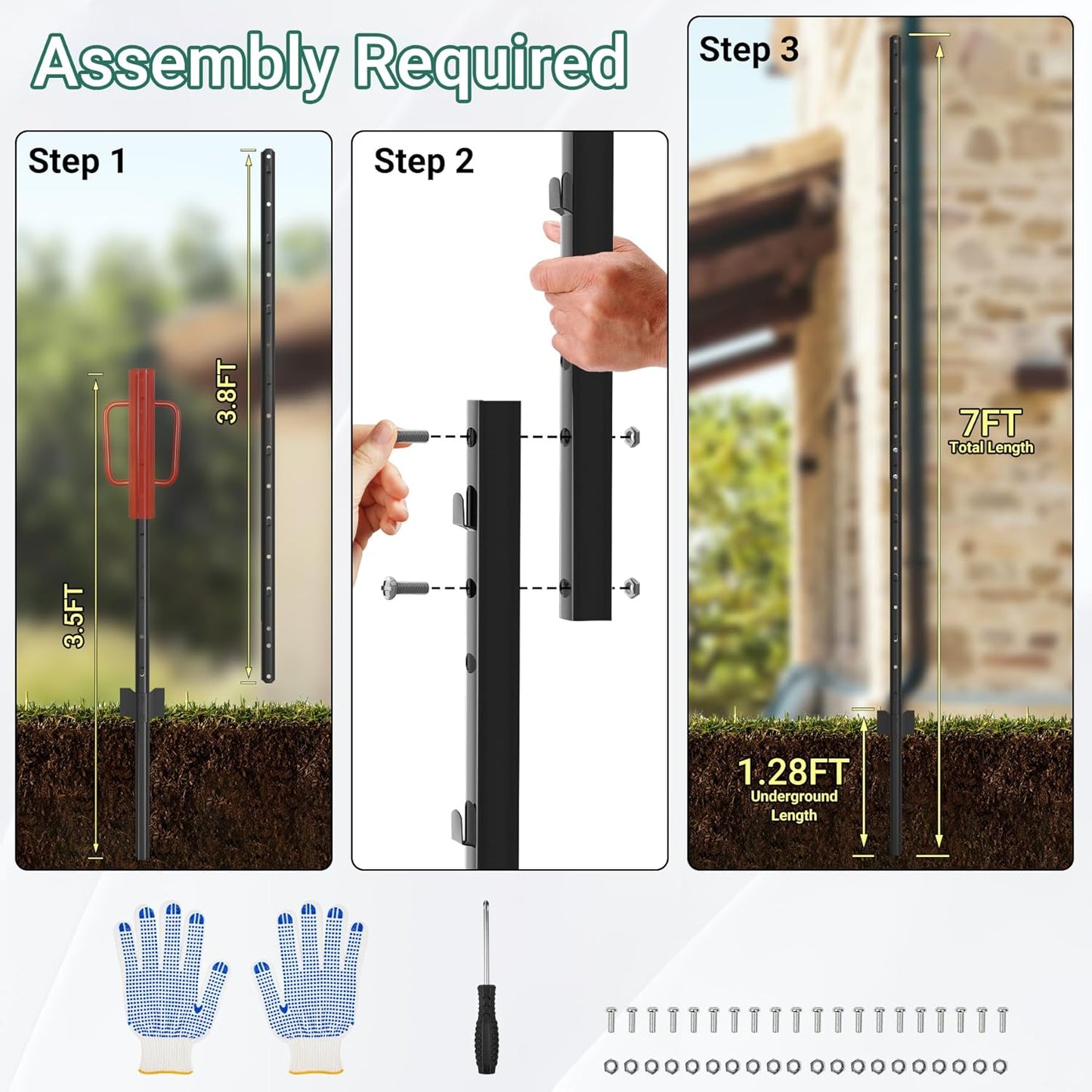 Fence Posts 7 Ft - 16 Pack, Requires Manual Assembly, Heavy Duty Metal Fence Post, No Dig U Post for Farm, Garden, Orchard and Outdoor Wire Fencing (Black)