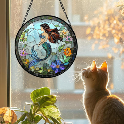 Stained Glass Window Hanging - Light Blue Mermaid Suncatcher for Door Terrace Garden Home Decor, Ocean Flowers Sun Catcher Birthday Gifts for Lovers Women Men Dad Mom Nana 15 in