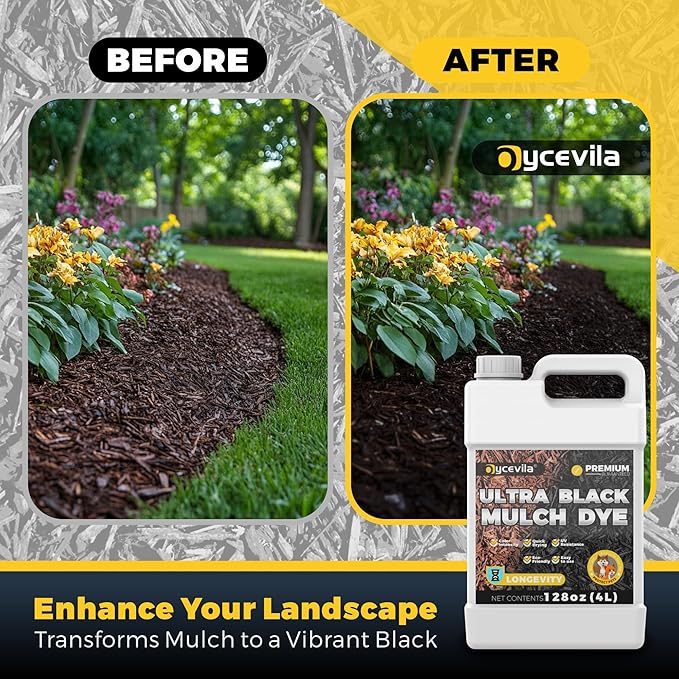 128oz Concentrated Ultra Black Mulch Dye with Gloves, Liquid Rubber Dye Spray Covers up to 14,400 Sq. Ft, Long-Lasting Finish Black Bark Paint for Mulch Restoration and Enhancement Landscaping