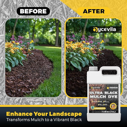 128oz Concentrated Ultra Black Mulch Dye with Gloves, Liquid Rubber Dye Spray Covers up to 14,400 Sq. Ft, Long-Lasting Finish Black Bark Paint for Mulch Restoration and Enhancement Landscaping