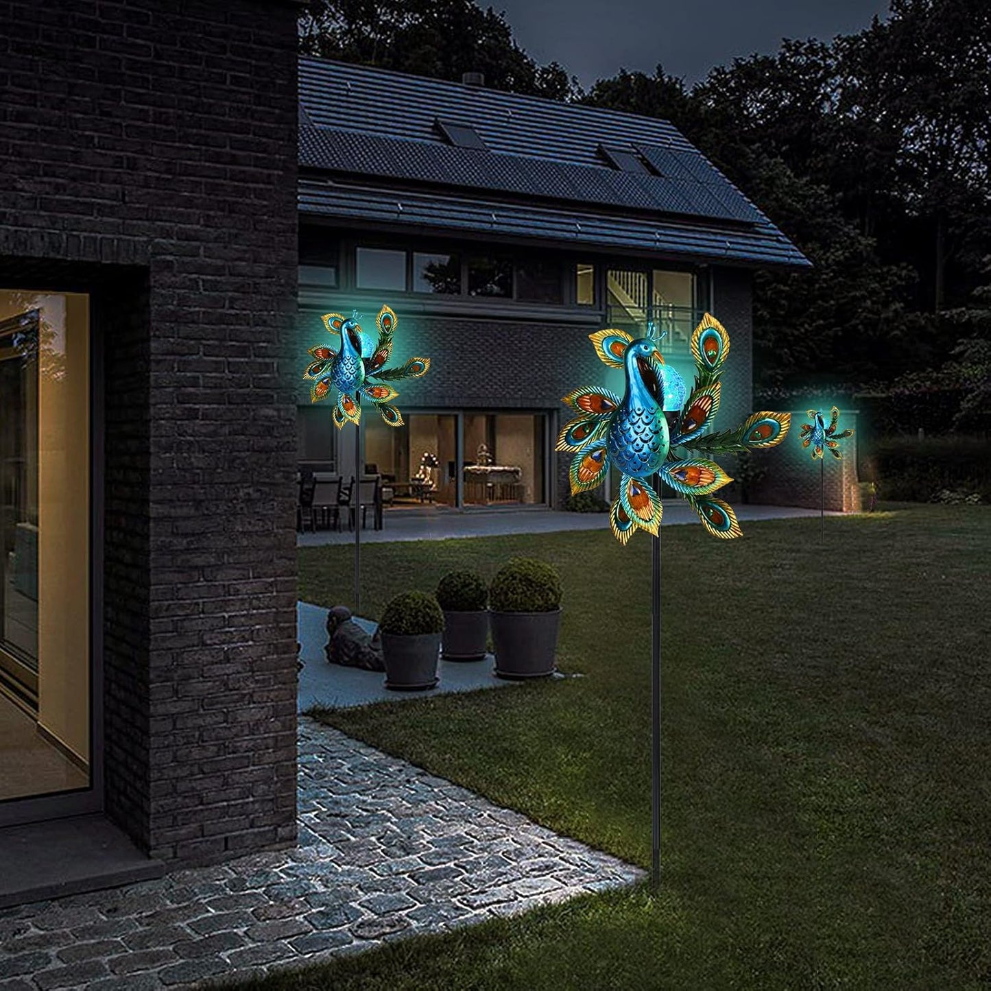 Solar Wind Spinner Outdoor Metal Kinetic Wind Spinners with LED Lighting Glass Ball Peacock Wind Spinner with Stake Decorative Windmill for Yard Lawn Garden Patio Decor
