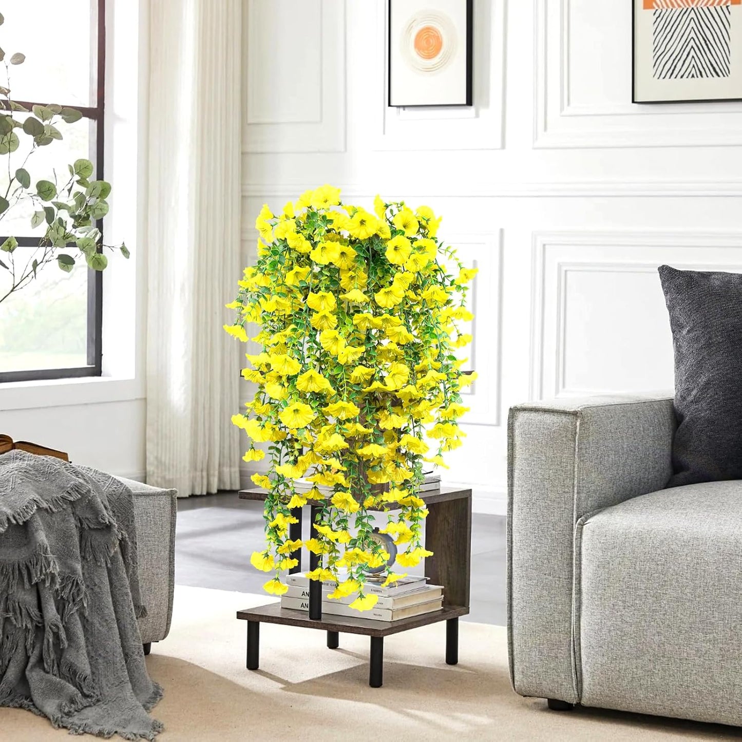 4 Pack Artificial Faux Hanging Flowers Plant for Outdoor, Fake Silk Morning Glory with Eucalyptus UV Resistant Realistic Trailing Vine for Wall Home Porch Patio Balcony Yard Indoor Decor, Yellow