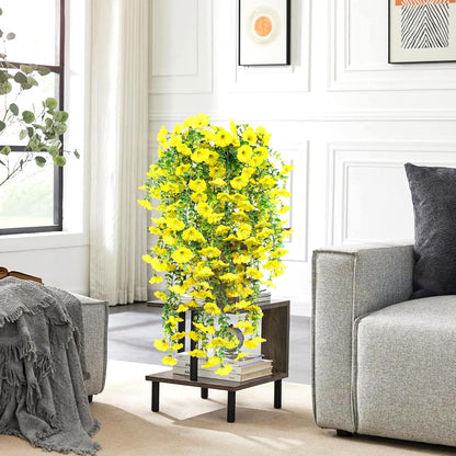4 Pack Artificial Faux Hanging Flowers Plant for Outdoor, Fake Silk Morning Glory with Eucalyptus UV Resistant Realistic Trailing Vine for Wall Home Porch Patio Balcony Yard Indoor Decor, Yellow