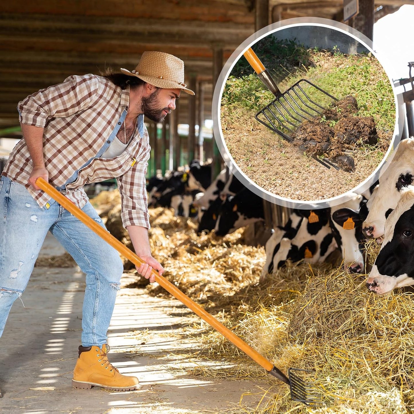 4 Sets Pitch Fork 10 Tines Wide Manure Fork with Long Handle Heavy Duty Muck Rake Broadfork Garden Tool for Gardening Horse Stall Picking up Manure Farm