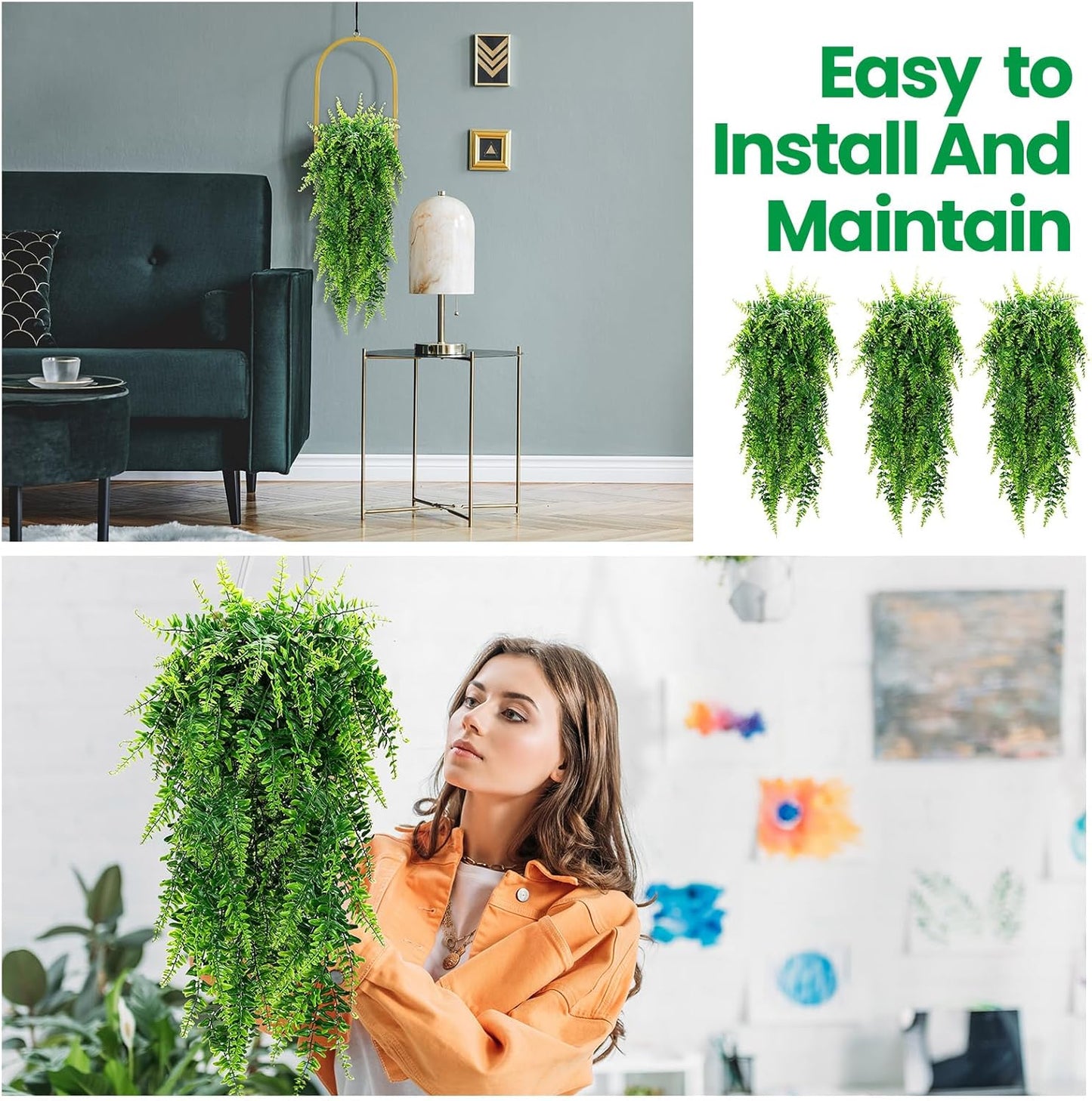 Geosar 48 Pcs Artificial Hanging Plants 32 Inch Hanging Boston Ferns Plastic Fake Plants for Wall Room Garden Wedding Garland Indoor Outdoor Decoration, No Basket