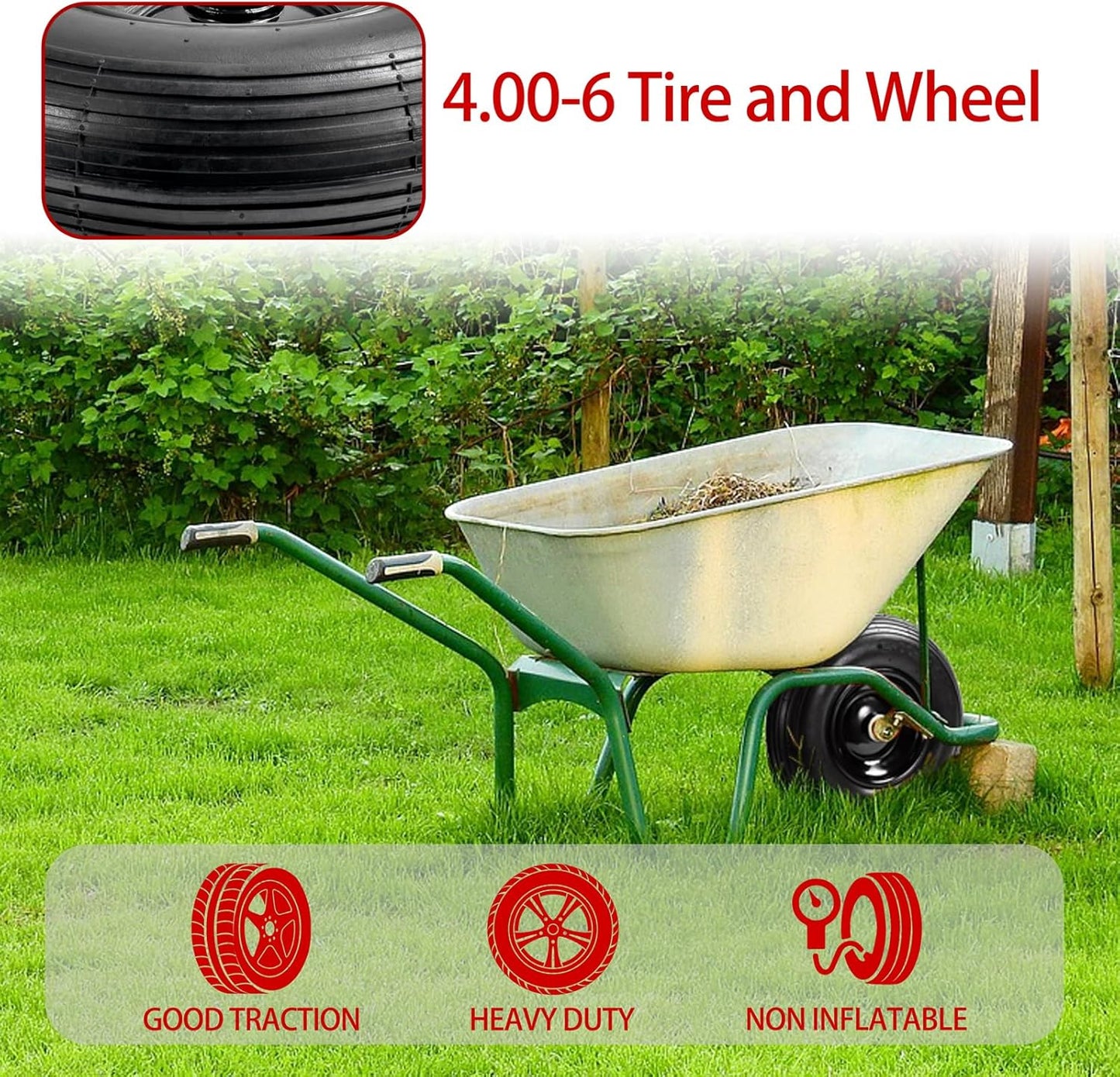(2-Pack) 4.00-6 Wheelbarrow Tires, 13 Inch Pneumatic Tire and Wheel with 5/8" or 3/4" Bearings, 1.75"-5.75" Center Hub 4.00-6 Pneumatic Tire for Wheelbarrows, Trolleys, Garden Carts