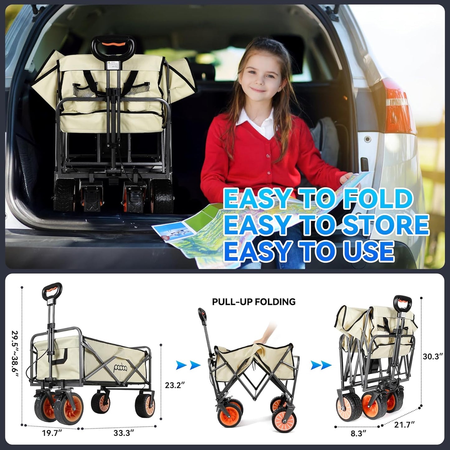 Electric Collapsible Garden Wagon Cart with Wheel,Rolling Foldable Metal Utility Wagon Carts,100w Power and 300lb Capacity, Portable for Camping,Sports,Shopping,Groceries,Laundry