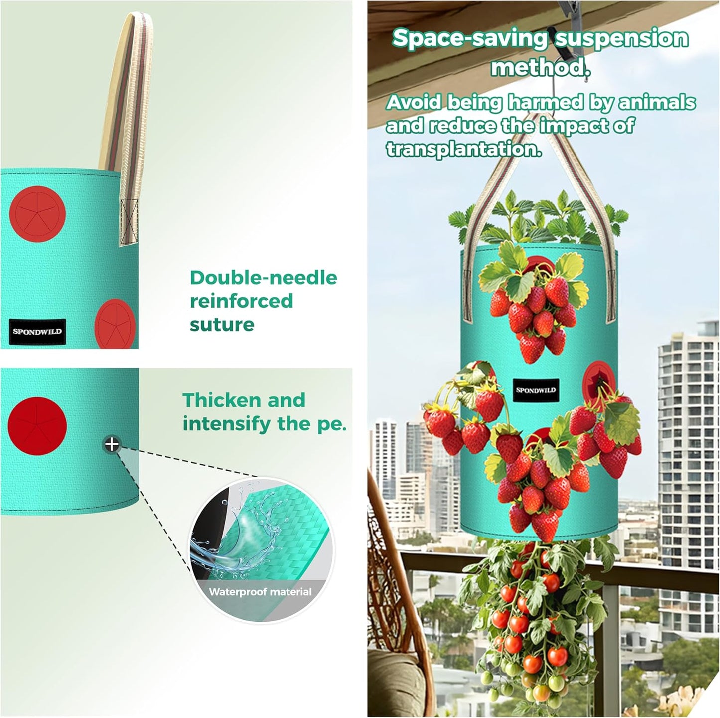 3 Pack Hanging Strawberry Planter Bags, 3 Gallon Hanging Grow Bags with Bottom Planting Hole, Thickened PE Strawberry Pot for Vegetables Herbs Tomatoes