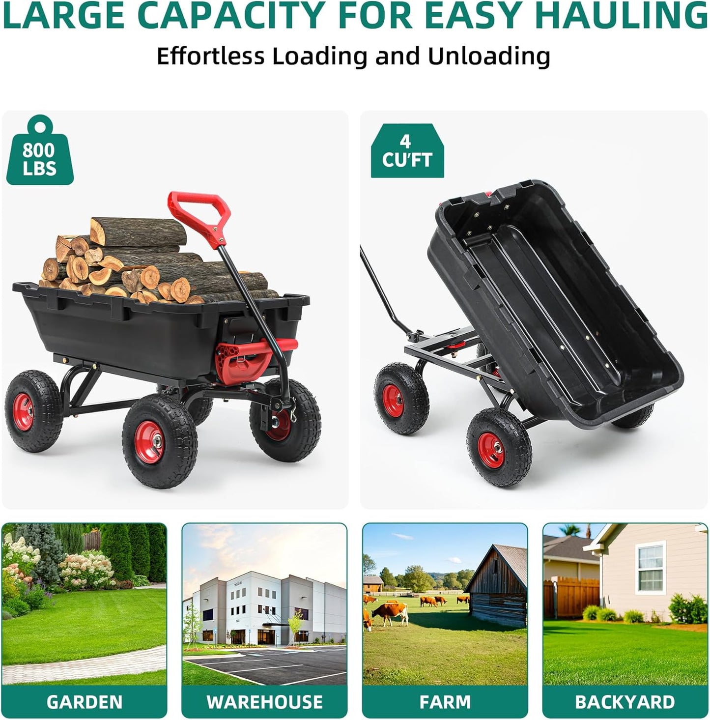 800lbs Garden Dump Cart, Heavy Duty Yard Dump Wagon with 10" Pneumatic Tires, Utility Wheelbarrow cart for Yard, Farm and Garden Christmas Hauling