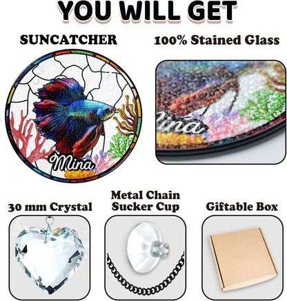 Personalized Betta Fish Stained Glass Suncatchers Art Glass Tropical Fishes for Sun Catcher Indoor Window Gifts for Pet Animal Nature Floral Aquatic Sea Ocean Lovers Painted Glass Panel Décor