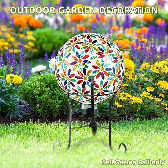 VOREEN Mosaic Glass Gazing Ball Outdoor Gazing Globe, Handmade Reflective Ball Yard Decoration for Homes, Patio, Lawn and Gardens, Gift for Mom Wife Friend, 10-Inch, Multi Colored Flowers Design