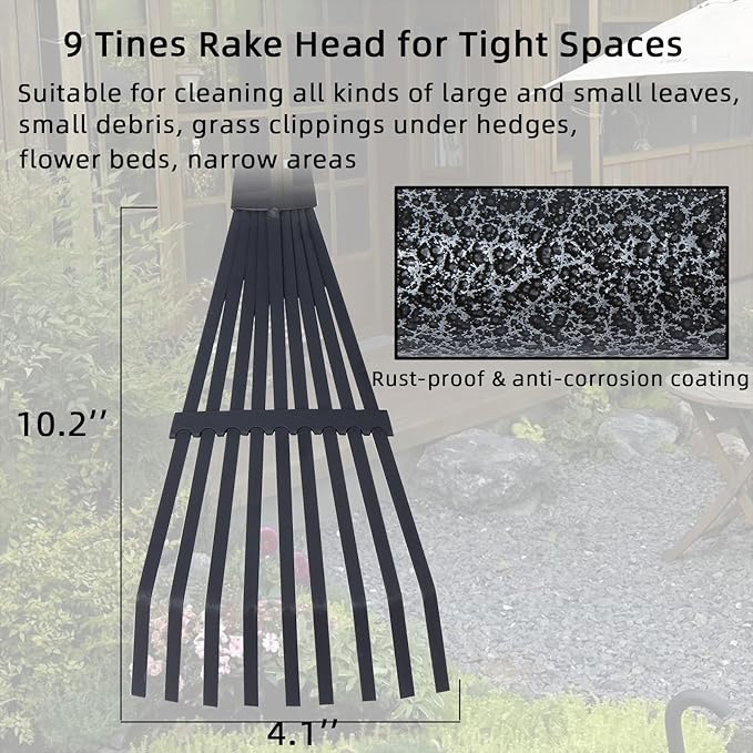 Garden Rake for Leaves, 48" Metal Leaf Rake with Foam Soft Foam Grip, 9 Tines Small Narrow Rakes with Adjustable Long Handle, Rakes for Lawns Gardening Yard Flower Bed Grass Mulch Shrub Camping