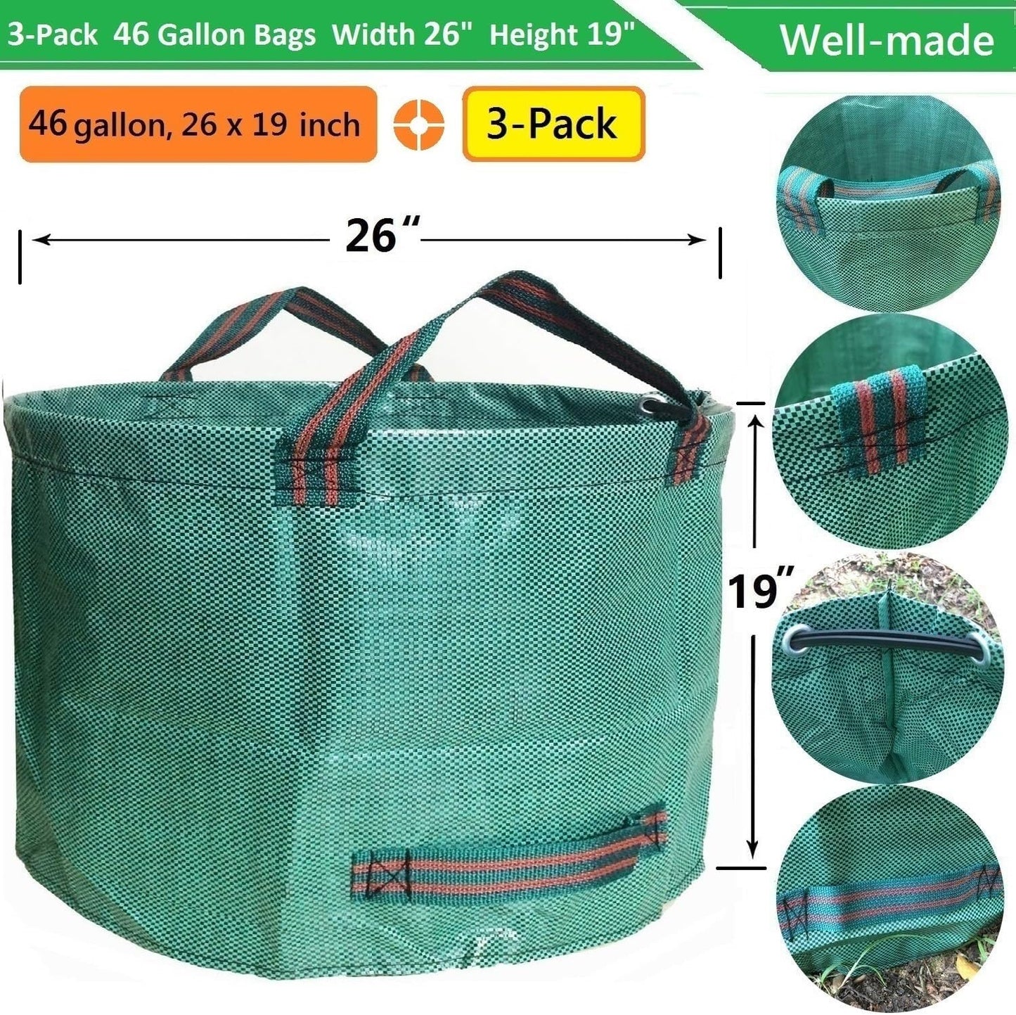 Standard 3-Pack 46 Gallon Yard Garden Bags (D26, H19 inch) with Garden Gloves, Leaf Bags,Yard Waste Bags,Recycling Bag,Camping Waste Bin,Laundry Bag,Lawn Debris,Grass Clippings,Weeds Barrel 4 Handles