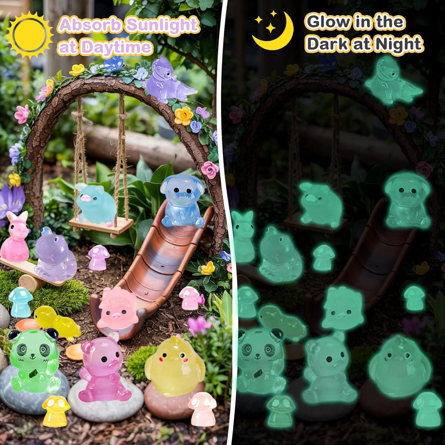 120 Pcs Luminous Mini Resin Animals 12 Styles Glow in The Dark Mini Ducks Pigs Frogs Turtles Chicks Rabbit Puppies Lizards Micro Landscape Decorations for Fairy Garden Landscape Dollhouse Decor Crafts