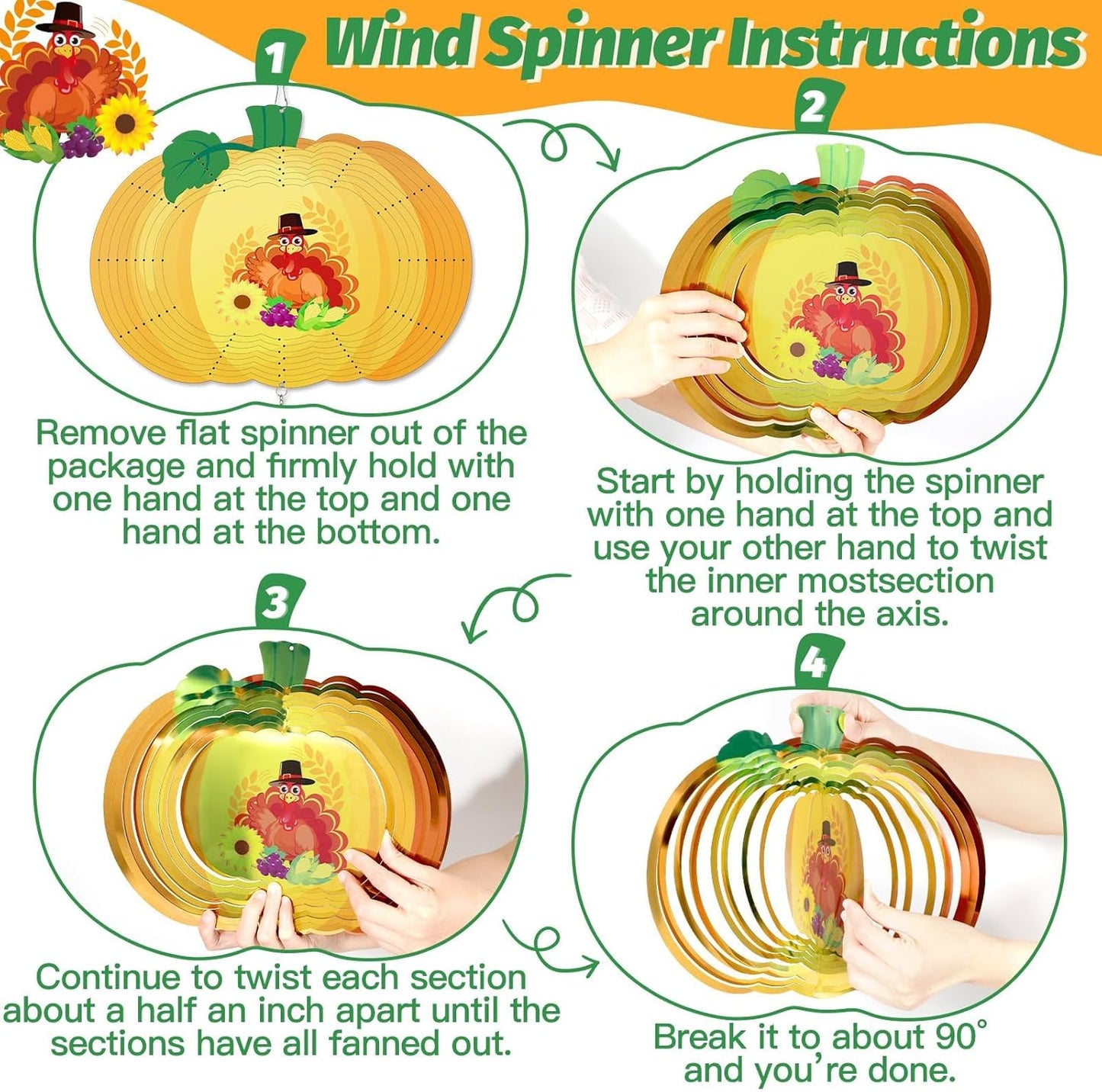 Thanksgiving Wind Spinners Fall Harvest Turkey Pumpkin Wind Spinner 3D Stainless Steel Hanging Wind Sculptures for Indoor Outdoor Yard Garden Decorations - 11.8 Inch