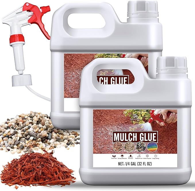 Mulch Glue - 64oz / 0.5 Gallon Landscape Adhesive Gravel Binder Glue with Applicator for Landscaping Concentrate Covers, Garden - Ready to Use Non Toxic Mulch Stabilizer for Pea Gravel, Stones, Bark