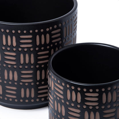 D'vine Dev Set of 2 Ceramic Planter Pots with Drainage Hole and Saucer, 6 Inch Plant Pots for Plants Indoor Houseplants, Black, 99-Z-F-2-Y