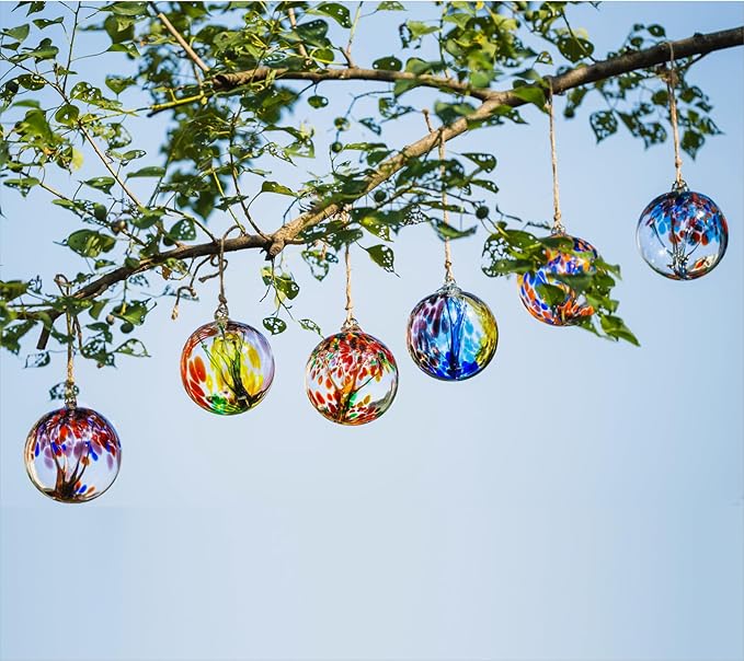4” Tree of Life Witch Balls, Gazing Balls Hanging Friendship Balls, Hand-Blown Glass Christmas Ornament for Window Outdoor Home Decor, Garden Decoration, Gifts for Women (Teal Blue)