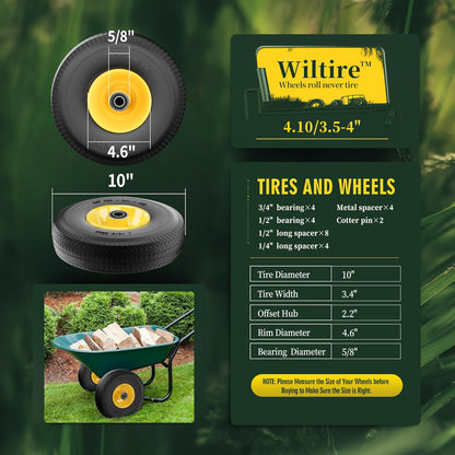 (2 Pack) 4.10/3.50-4 Flat Free Tire and Wheel 10-Inch Solid Wheel Replacement with 5/8 Extra 3/4 &1/2 Bearings,2.2" Offset Hub -Compatible with Hand Truck,Wheelbarrow(Wave,Yellow)