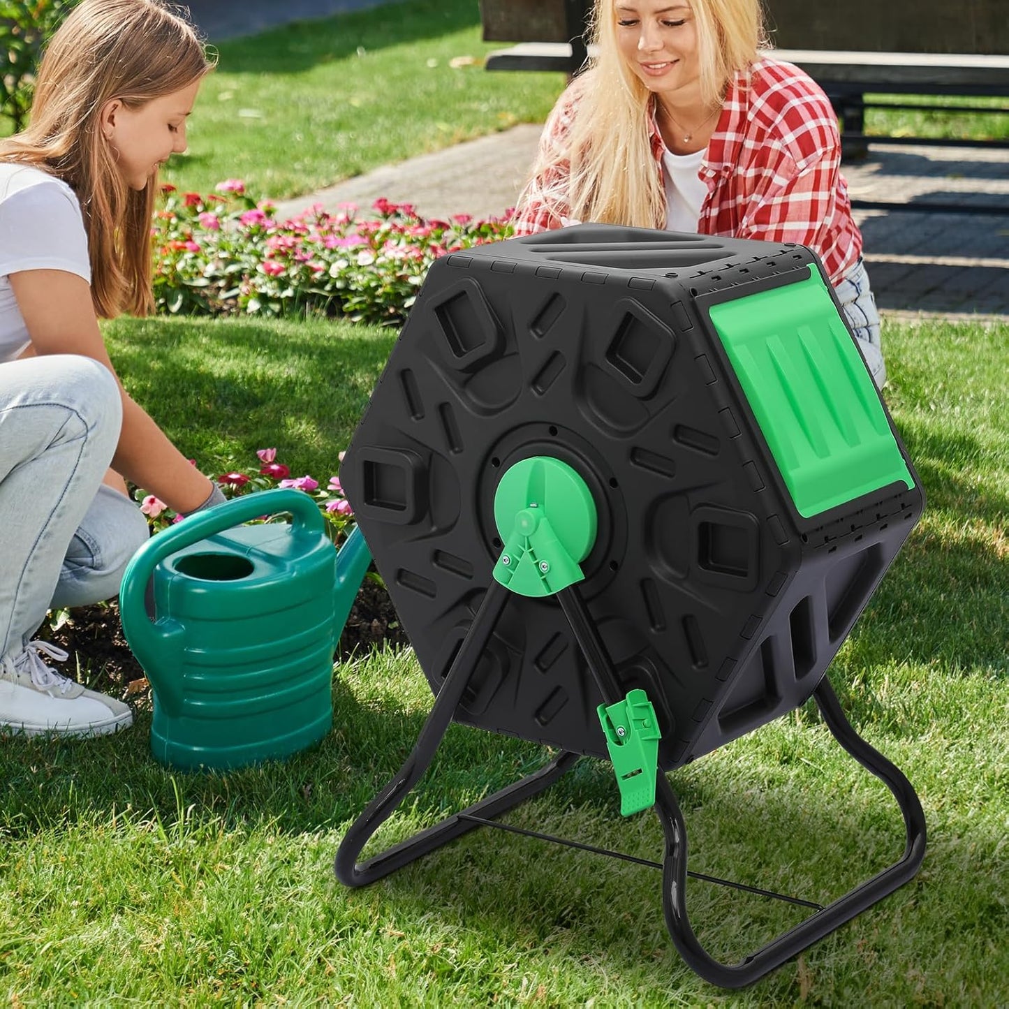 MoNiBloom 17 Gallon Single Compost Tumbler, BPA Free Outdoor Light Weight Compost Bin w/Sliding Door, All-Season Fast Working Rotating Chamber Composters for Garden Patio
