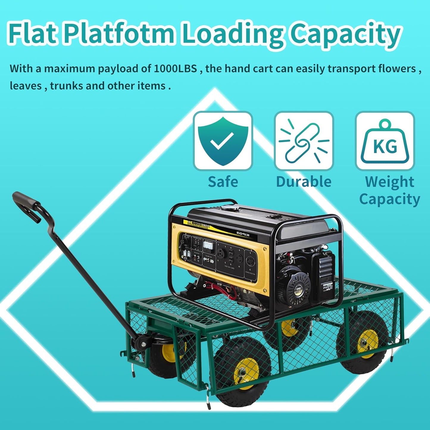 Finnhomy Heavy Duty 1000 Lbs Capacity Mesh Steel Garden Cart, Pullable Garden Wagons Carts on Wheels, Folding Utility Wagon with Removable Sides for Outdoor, Yard, Lawn, Green