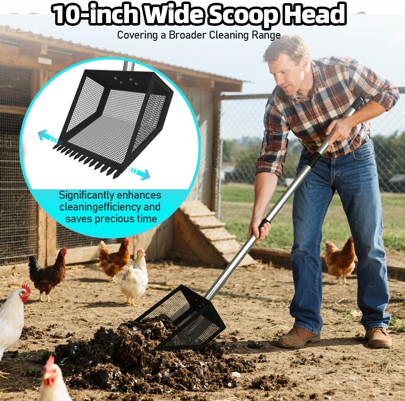 Chicken Poop Scooper for Coops Small Farm Animals with Fine Sieve Coop Rake 2-in-1 Scoop 24" to 67" Adjustable Stainless Steel Handle Durable Sand Sifting Litter Shovel for Animal Sheds Garbage