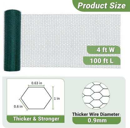 Chicken Wire Fencing Mesh, Galvanized Hexagonal Floral Chicken Wire, Outdoor Anti-Rust Poultry Netting for Garden Fence (4 ft x 100 ft, PVC Coated)