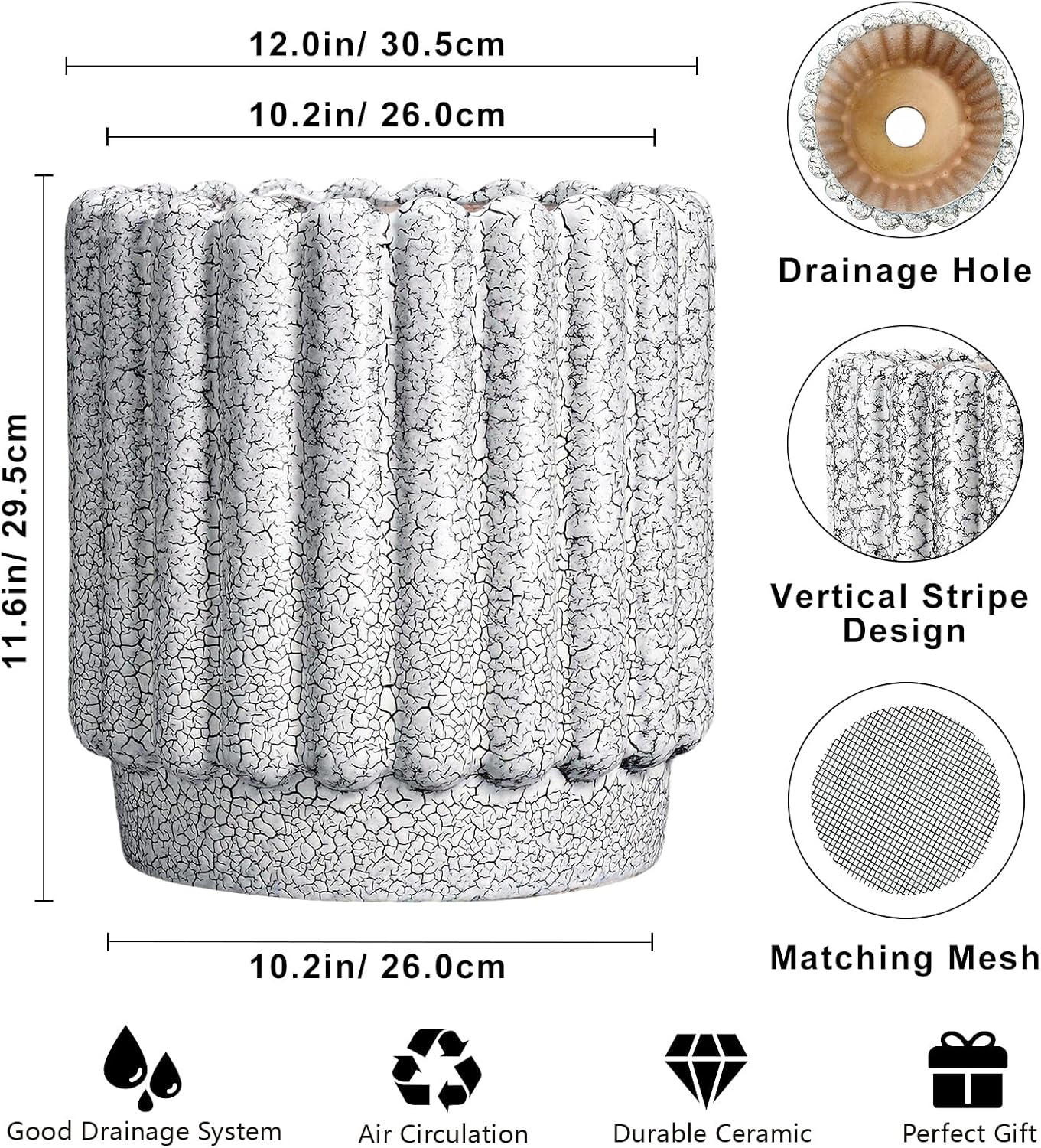 Ceramic Planter for Indoor Plants - 12 Inch Plant Pot Indoor with Drainage Hole, Large Ceramic Flower Pots Outdoor, Fluted Round Planter, Home Decor, Gardening Gifts, Black and White