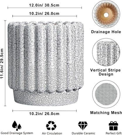 Ceramic Planter for Indoor Plants - 12 Inch Plant Pot Indoor with Drainage Hole, Large Ceramic Flower Pots Outdoor, Fluted Round Planter, Home Decor, Gardening Gifts, Black and White
