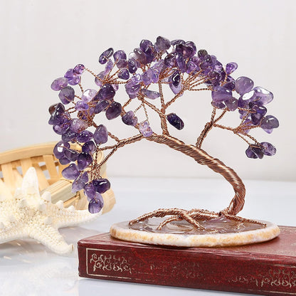 TUMBEELLUWA Reiki Crystal Money Tree with Agate Slice Base Feng Shui Stone Bonsai Tree Figure Decor for Happiness Good Luck and Wealth, Amethyst