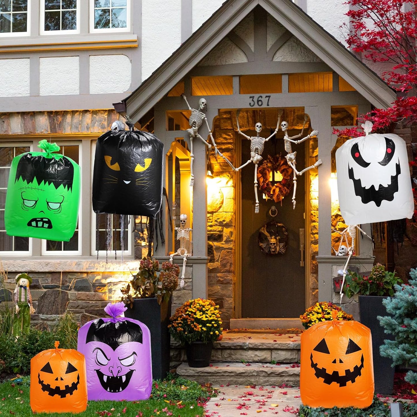 Qilery 12 Pcs Halloween Leaf Lawn Bags Plastic Pumpkin Trash Bags for Leaves with Twist Ties for Halloween Yard Garden Outdoor Party Favors Decorations