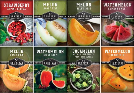 Fruit Seeds for Planting - 8 Variety Pack | Watermelon, Cantaloupe, Melon, Strawberry, Cucamelon for Home Vegetable Gardens - Non-GMO Heirloom Fruits - Survival Garden Seeds
