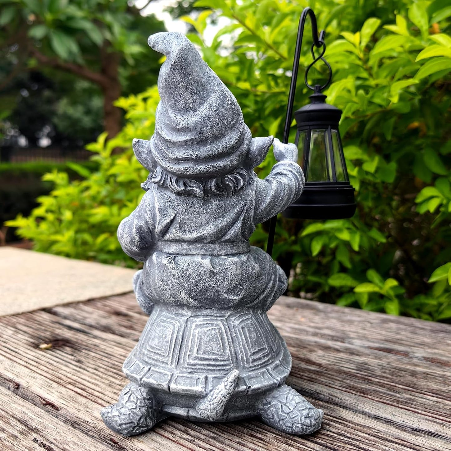 Garden Gnome Statue Riding Turtle - Garden Gnomes Decorations with Solar LED Lights, 7.9" Outdoor Resin Figurine Ornament for Patio, Yard, Funny Lawn Decor (Gray)
